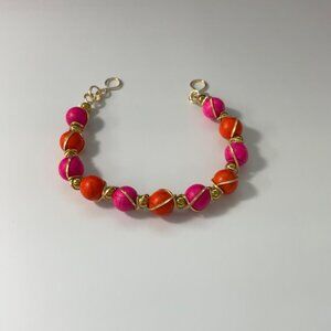Handmade Bracelet with Gold Wire, Fuchsia & Orange Gemstones and Stainless 7.5in